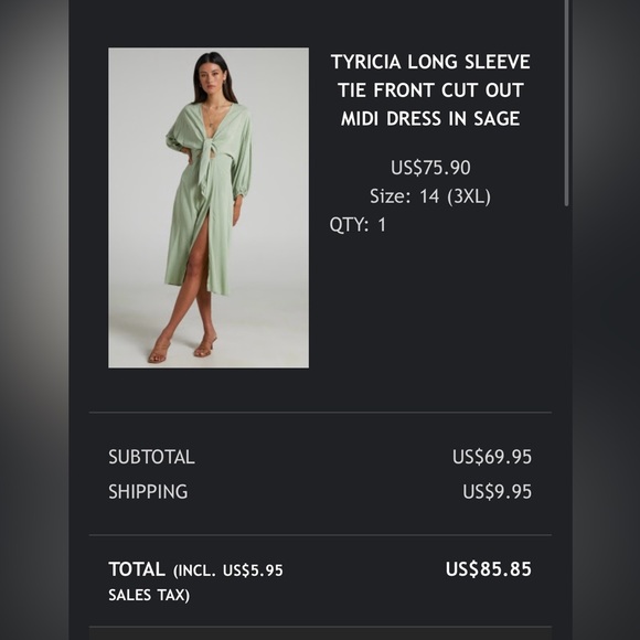 SHOWPO TYRICIA LONG SLEEVE TIE FRONT CUT OUT MIDI DRESS IN SAGE - Picture 7 of 7